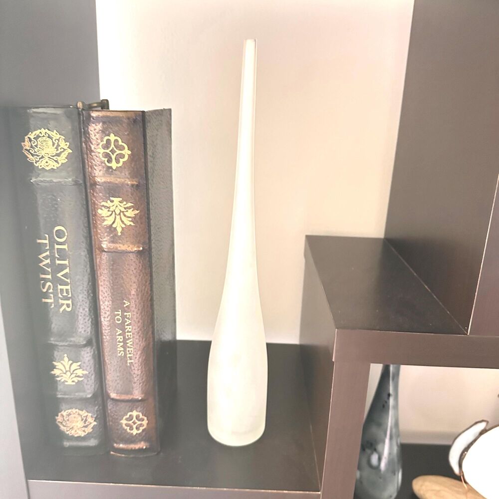 Frosted Glass Spire Bottle Vase Hand Blown Mid Century Modern Long Neck 16 Inch - Picture 2 of 16